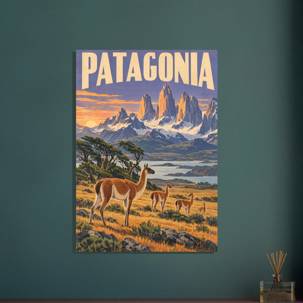 Guanacos in golden grassland beside a lake, with snowy mountain spires, sunset light and large PATAGONIA lettering above.
