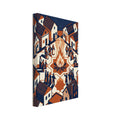 Villagers gathered around a bonfire among patterned houses beneath a starry navy sky, in rust orange and cream.