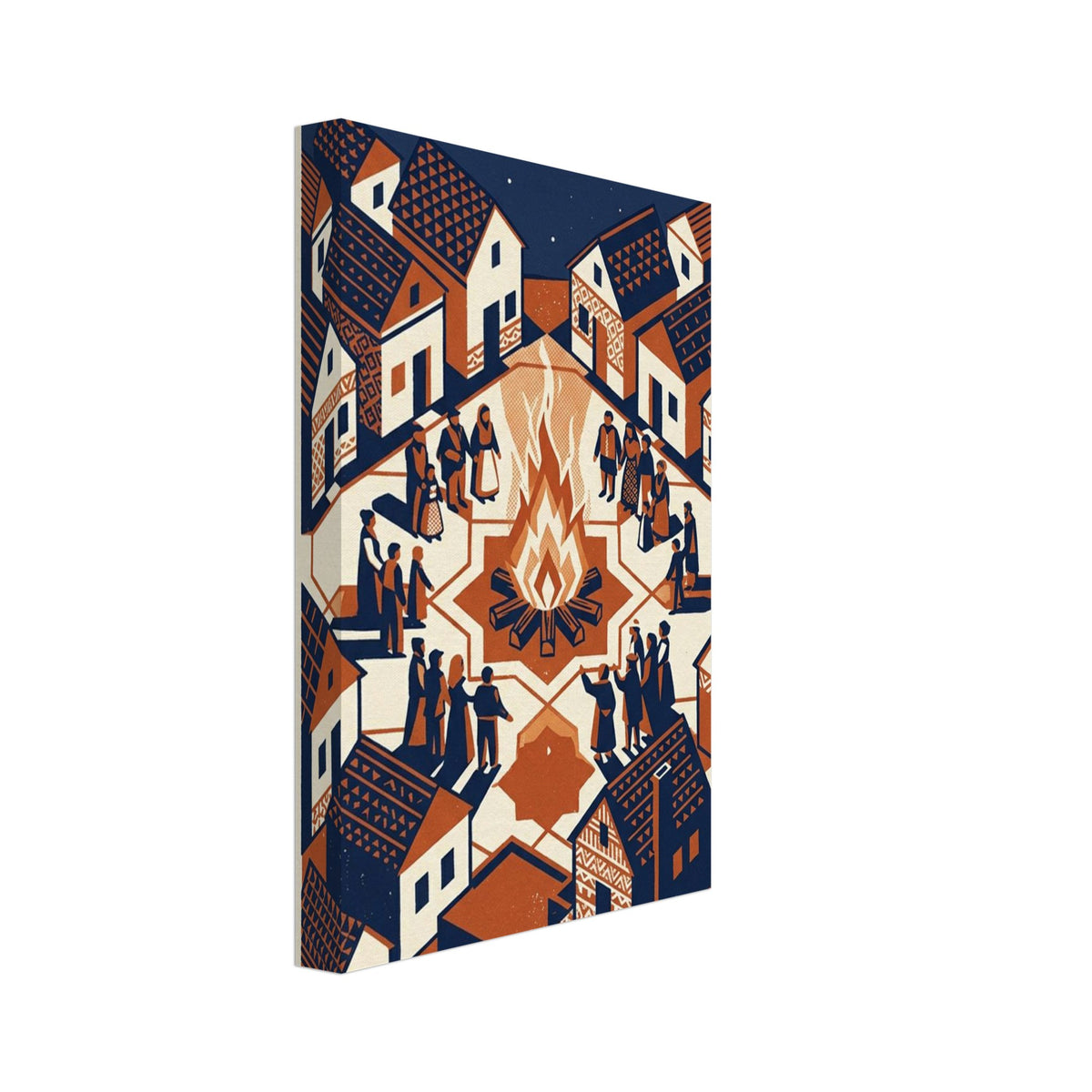 Villagers gathered around a bonfire among patterned houses beneath a starry navy sky, in rust orange and cream.