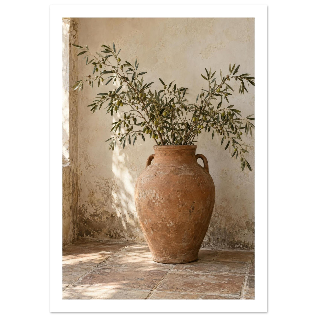 Olive Branches Terracotta Vase Art Print – White Border