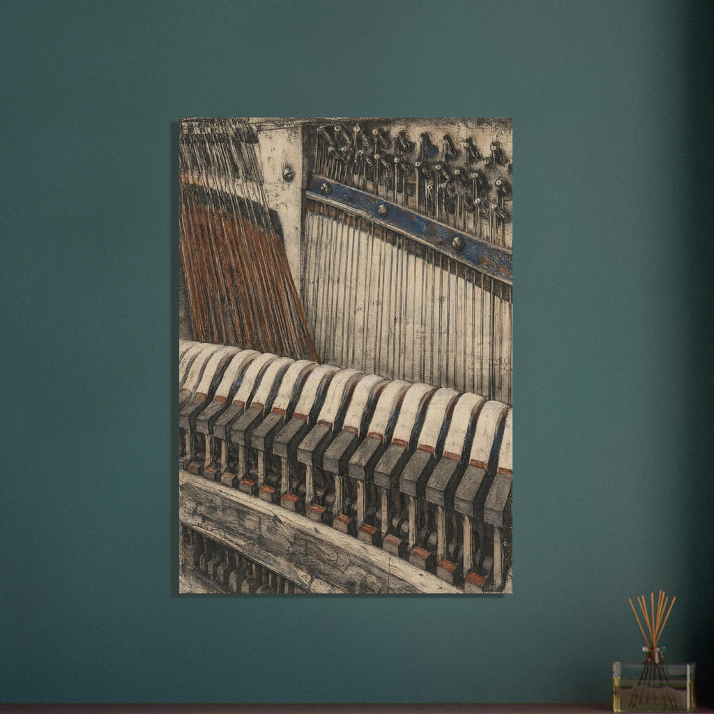 Upright piano interior with strings, tuning pins and cream felt hammers, drawn in textured brown, charcoal and muted blue.
