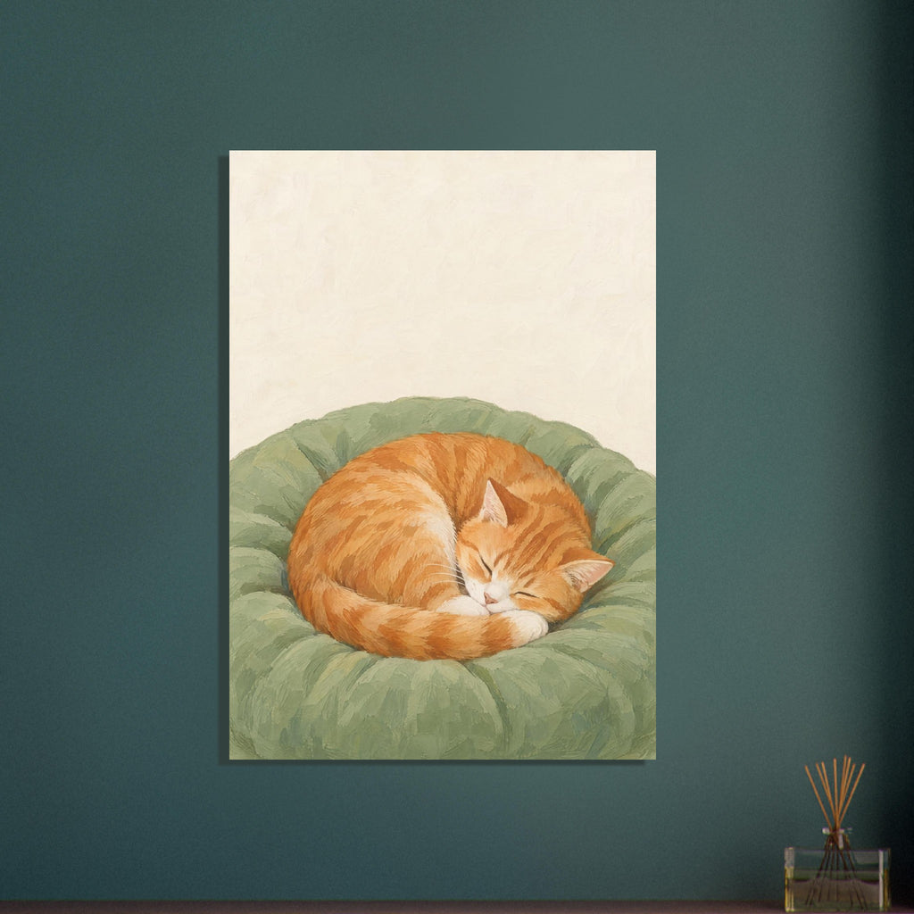 Ginger tabby cat sleeping curled on a sage-green cushion against a cream background, rendered with textured brushstrokes.