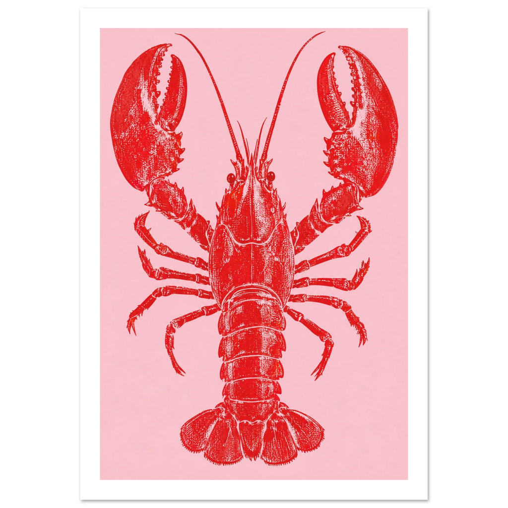 Red lobster with large raised claws, long antennae and a textured shell on a plain pink background.