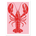 Red lobster with large raised claws, long antennae and a textured shell on a plain pink background.