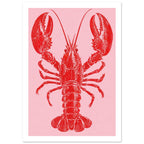Red lobster with large raised claws, long antennae and a textured shell on a plain pink background.