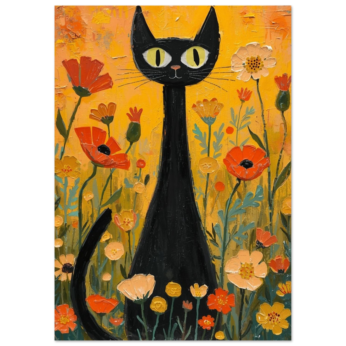 Black Cat And Flowers Art Print