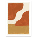 Terracotta abstract shapes surrounding a winding cream space, with a broad ochre band below and visible brush marks.