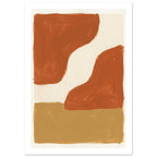 Terracotta abstract shapes surrounding a winding cream space, with a broad ochre band below and visible brush marks.