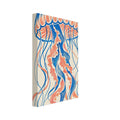 Jellyfish with a blue and coral scalloped bell and long curling tentacles on a textured cream background.