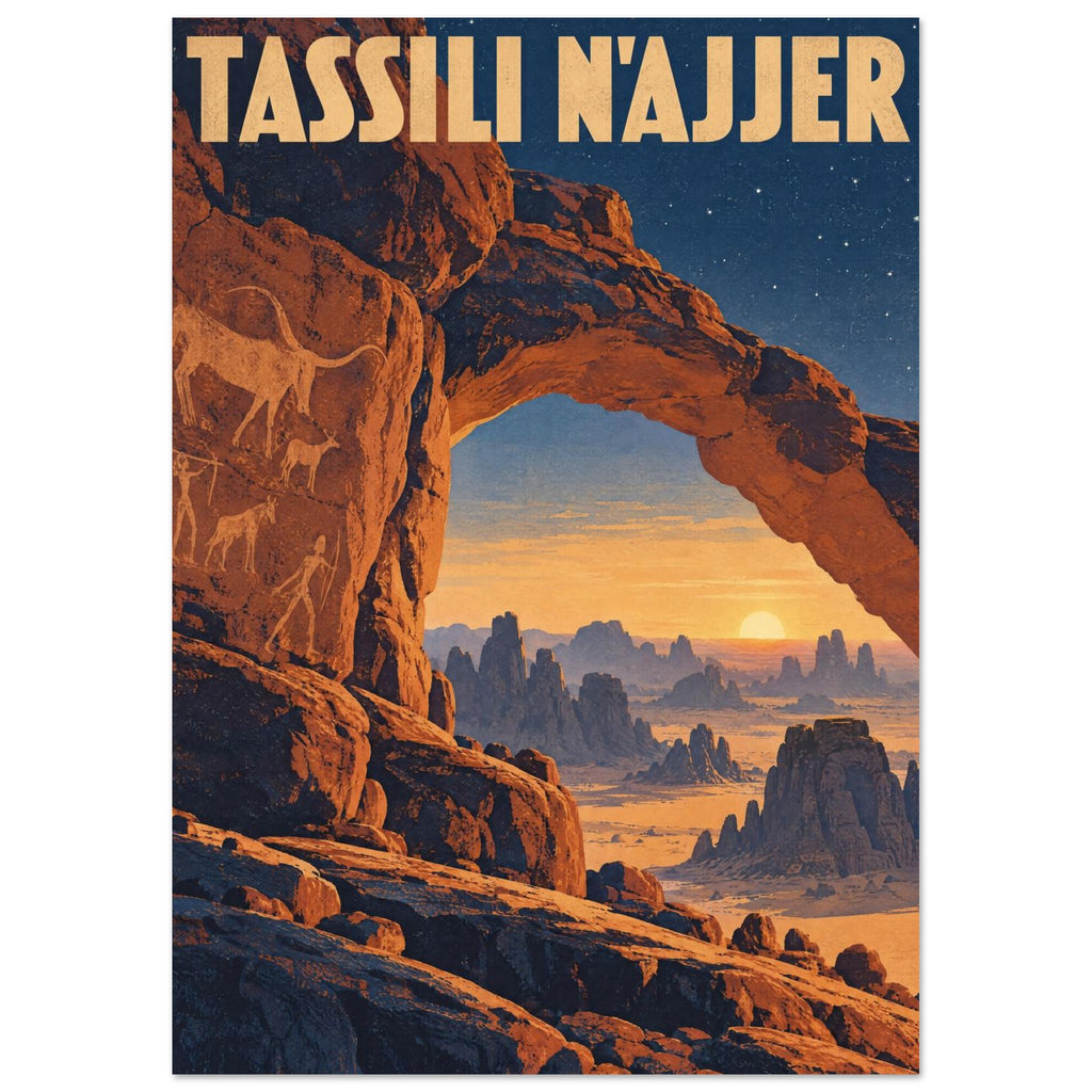 Tassili N’Ajjer lettering above an orange sandstone arch, rock art figures and desert towers beneath a starry blue sky.