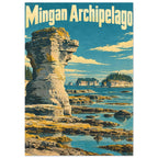 Mingan Archipelago lettering above a tall coastal rock formation, teal tidal pools and distant tree-topped islands.
