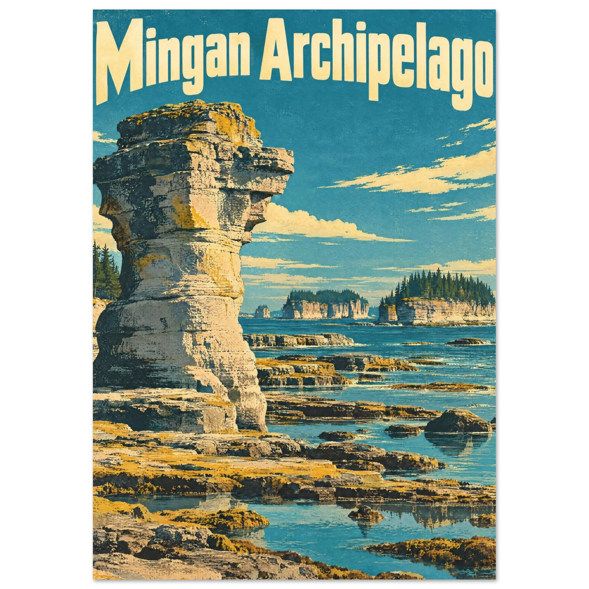 Mingan Archipelago lettering above a tall coastal rock formation, teal tidal pools and distant tree-topped islands.