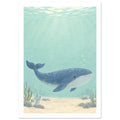 Blue whale swimming through pale aqua water above a sandy seabed with rocks and sea plants, beneath sunlit ripples.