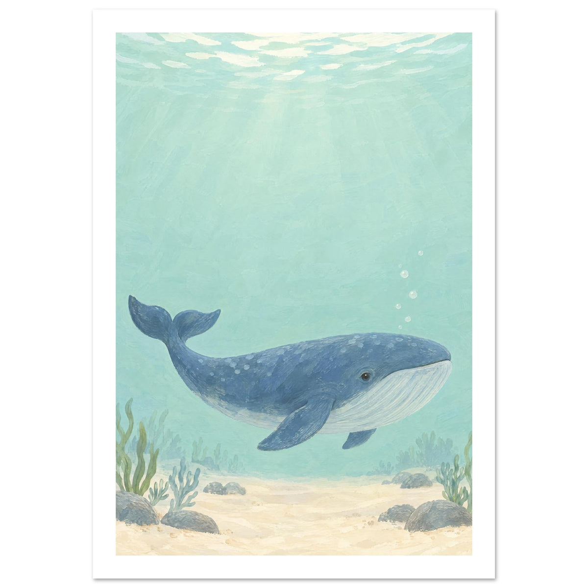 Blue whale swimming through pale aqua water above a sandy seabed with rocks and sea plants, beneath sunlit ripples.
