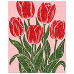 Five red tulips with dark green stems and sweeping leaves on a pink background, illustrated with textured carved lines.