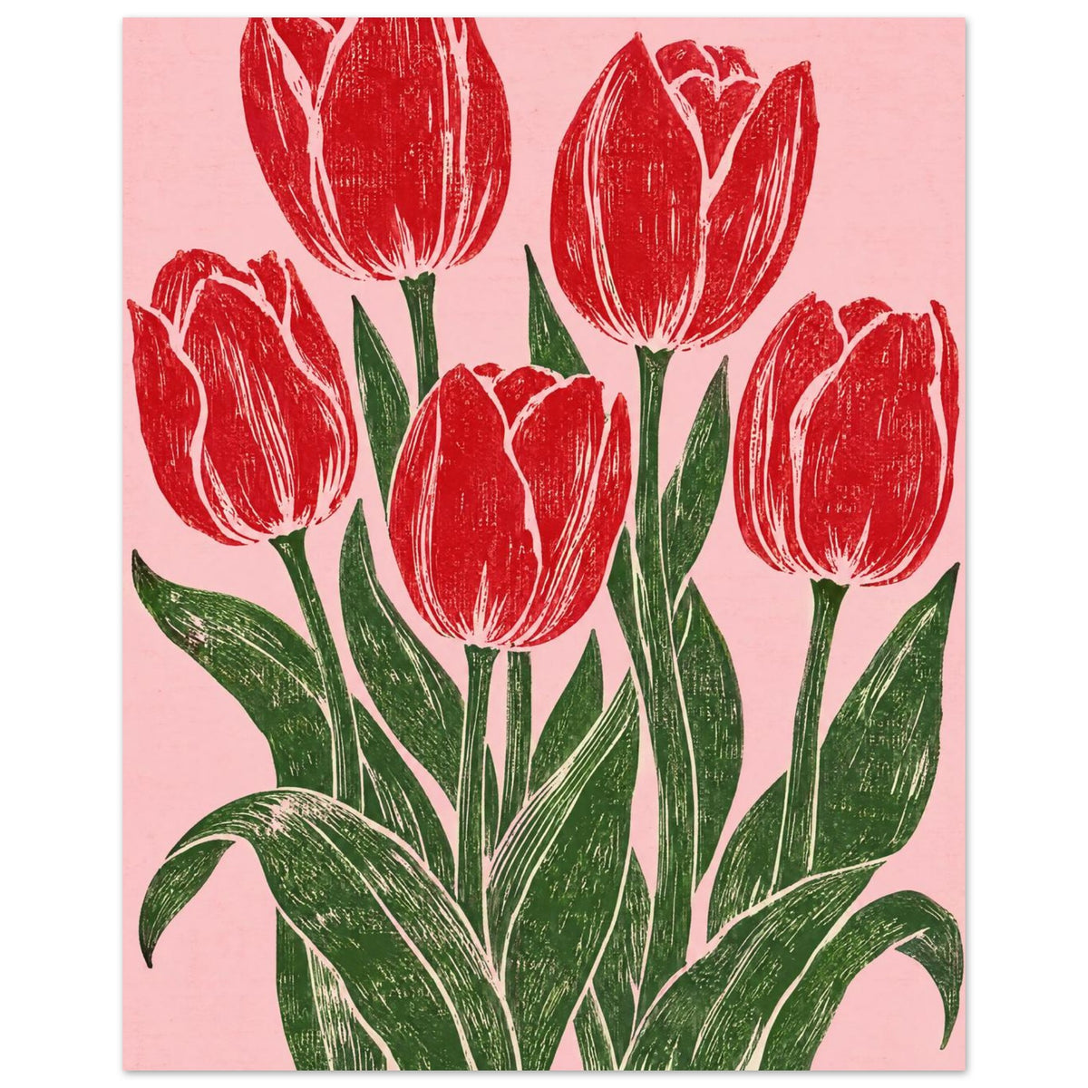Five red tulips with dark green stems and sweeping leaves on a pink background, illustrated with textured carved lines.