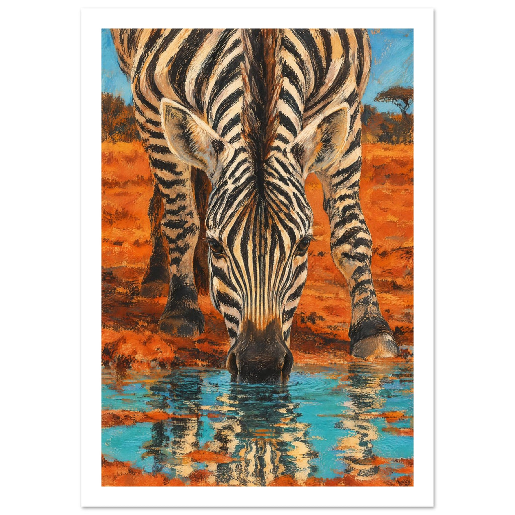 Zebra bending to drink from turquoise water, with its striped reflection below and orange earth behind.