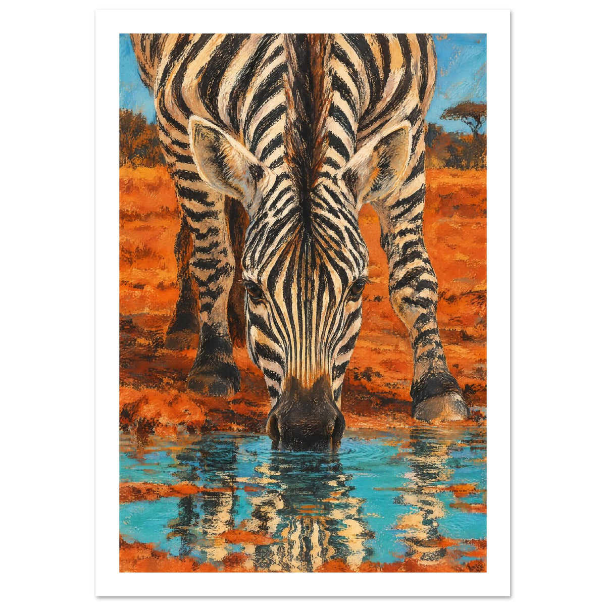Zebra bending to drink from turquoise water, with its striped reflection below and orange earth behind.
