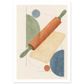 Terracotta rolling pin with green handles over a pale yellow rectangle, with blue and green geometric shapes on cream.