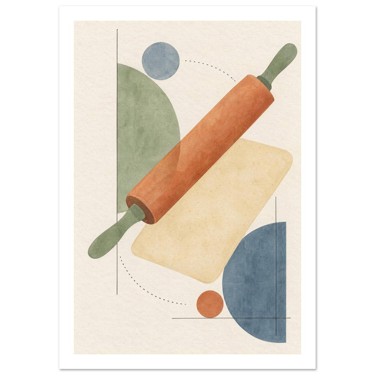 Terracotta rolling pin with green handles over a pale yellow rectangle, with blue and green geometric shapes on cream.
