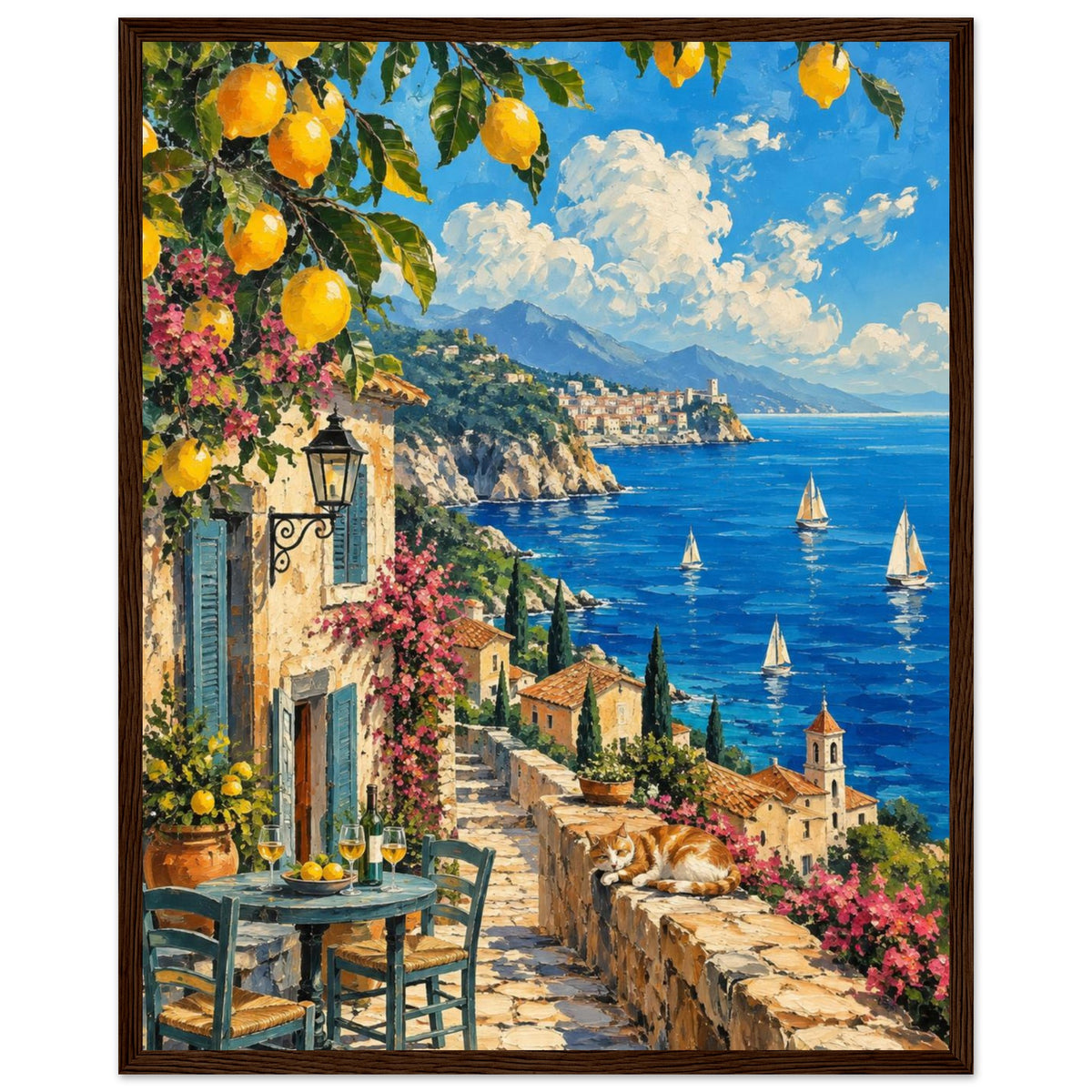 Lemon branches above a seaside terrace with a table, chairs and resting cat, overlooking sailboats and a coastal village.