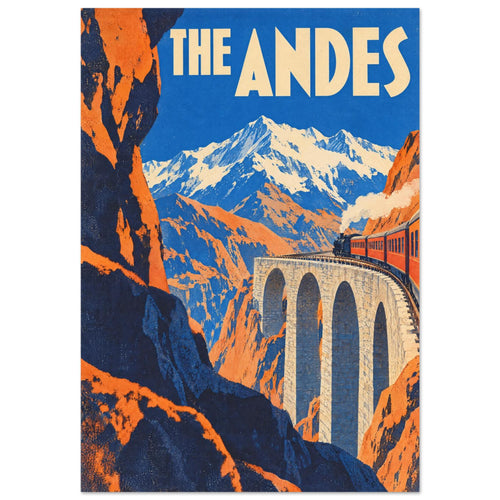Steam train crossing a tall stone viaduct between orange cliffs, with snowy mountains and cream ‘THE ANDES’ lettering.