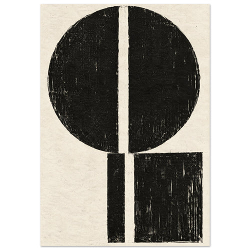 Distressed black circle above an offset black rectangle, both divided by narrow cream gaps, on a textured cream background.