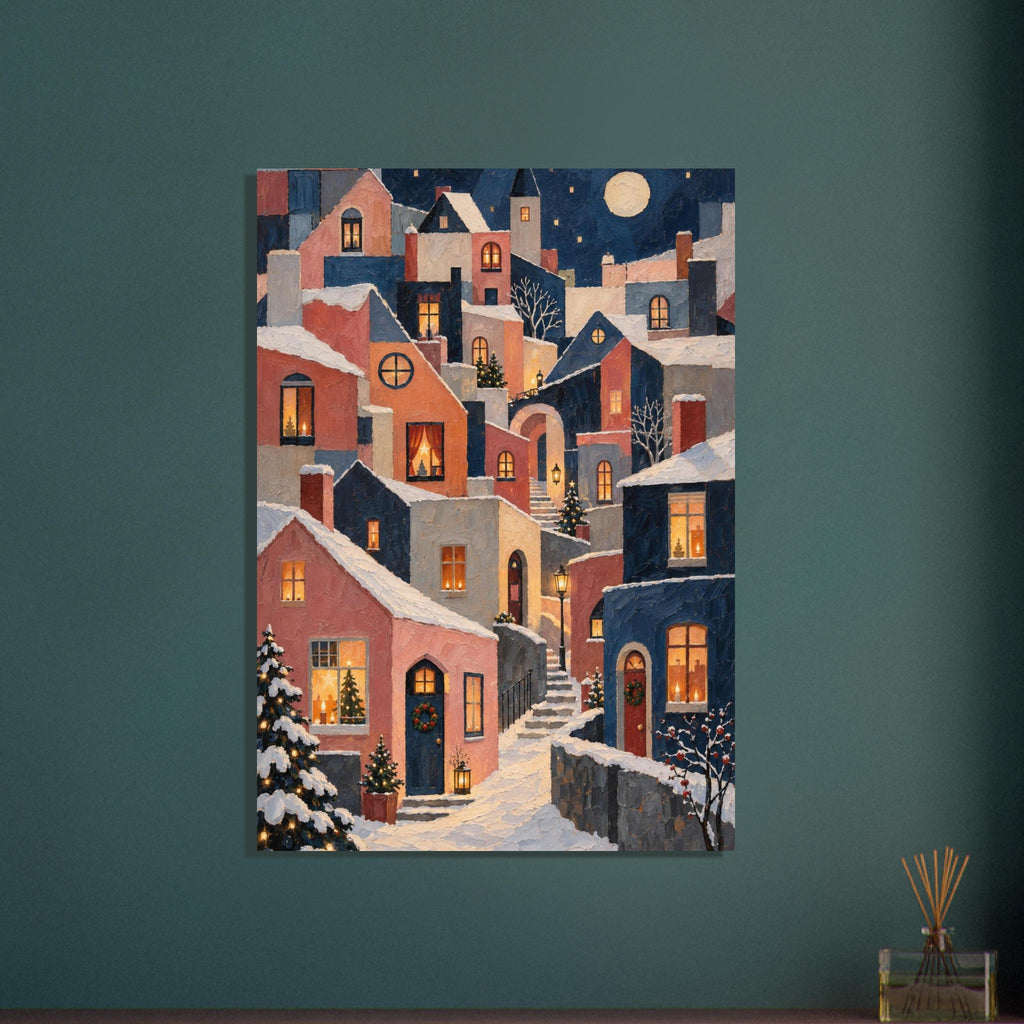 Christmas Eve in Little Windows shows stacked Nordic houses with glowing windows, geometric roofs and thick painted divisions