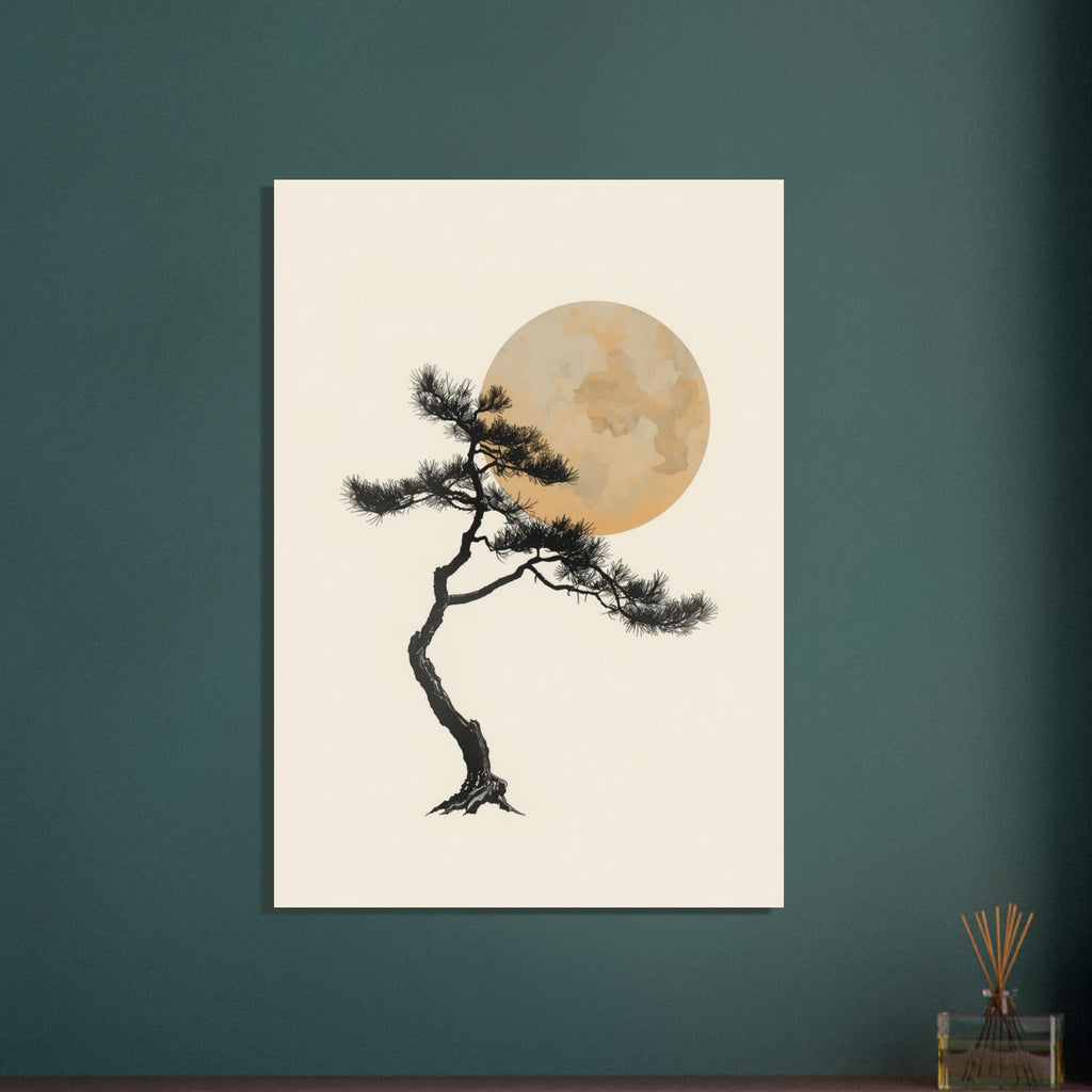 Pine tree with a curved dark trunk and fine needles in front of a mottled ochre circle on a cream background.