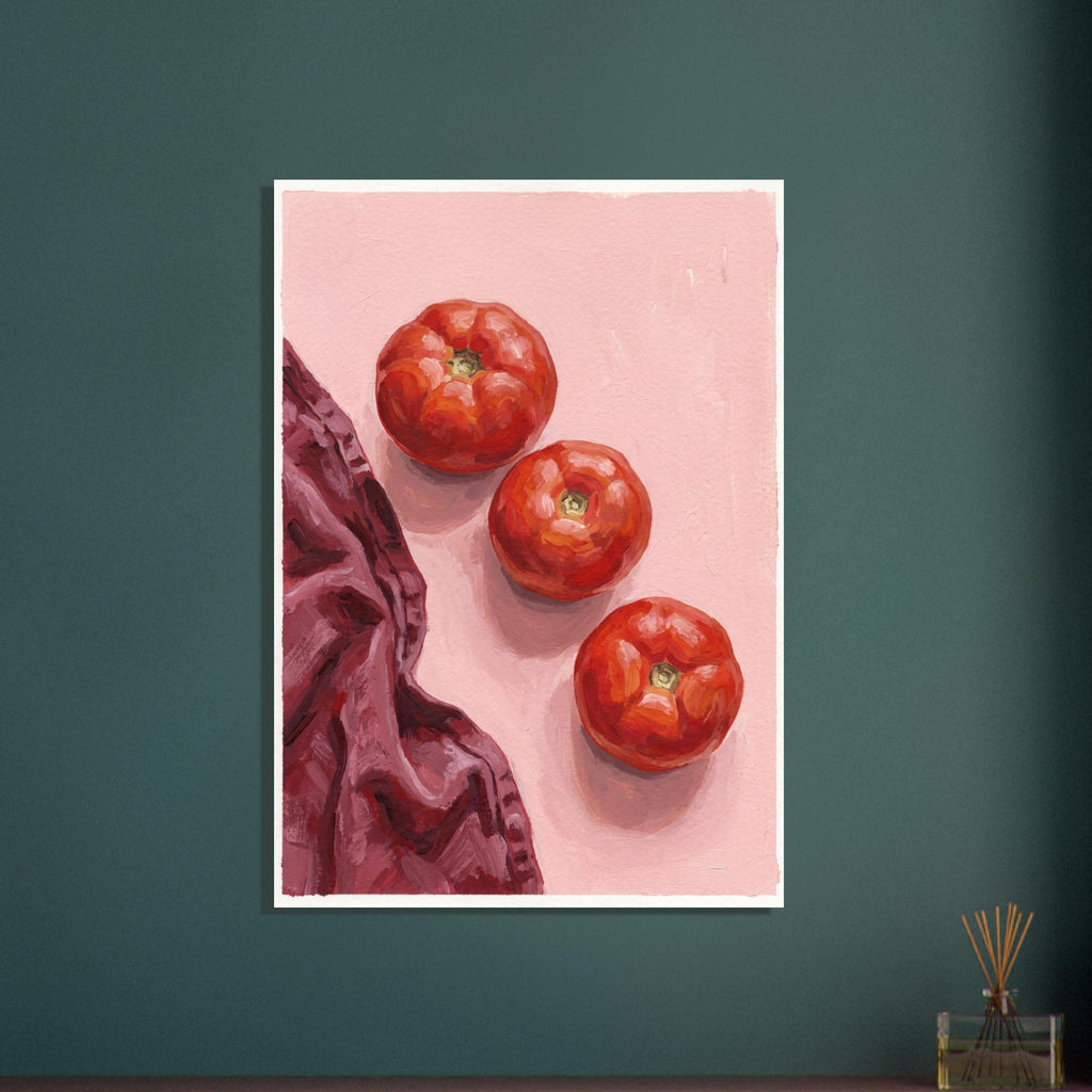 Three red tomatoes arranged diagonally on a pink surface beside a folded burgundy cloth, painted with broad brushstrokes.