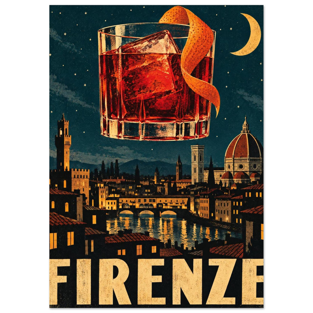 Red cocktail with ice and orange peel above a moonlit city skyline and river, with large cream FIRENZE lettering below.