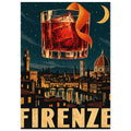 Red cocktail with ice and orange peel above a moonlit city skyline and river, with large cream FIRENZE lettering below.