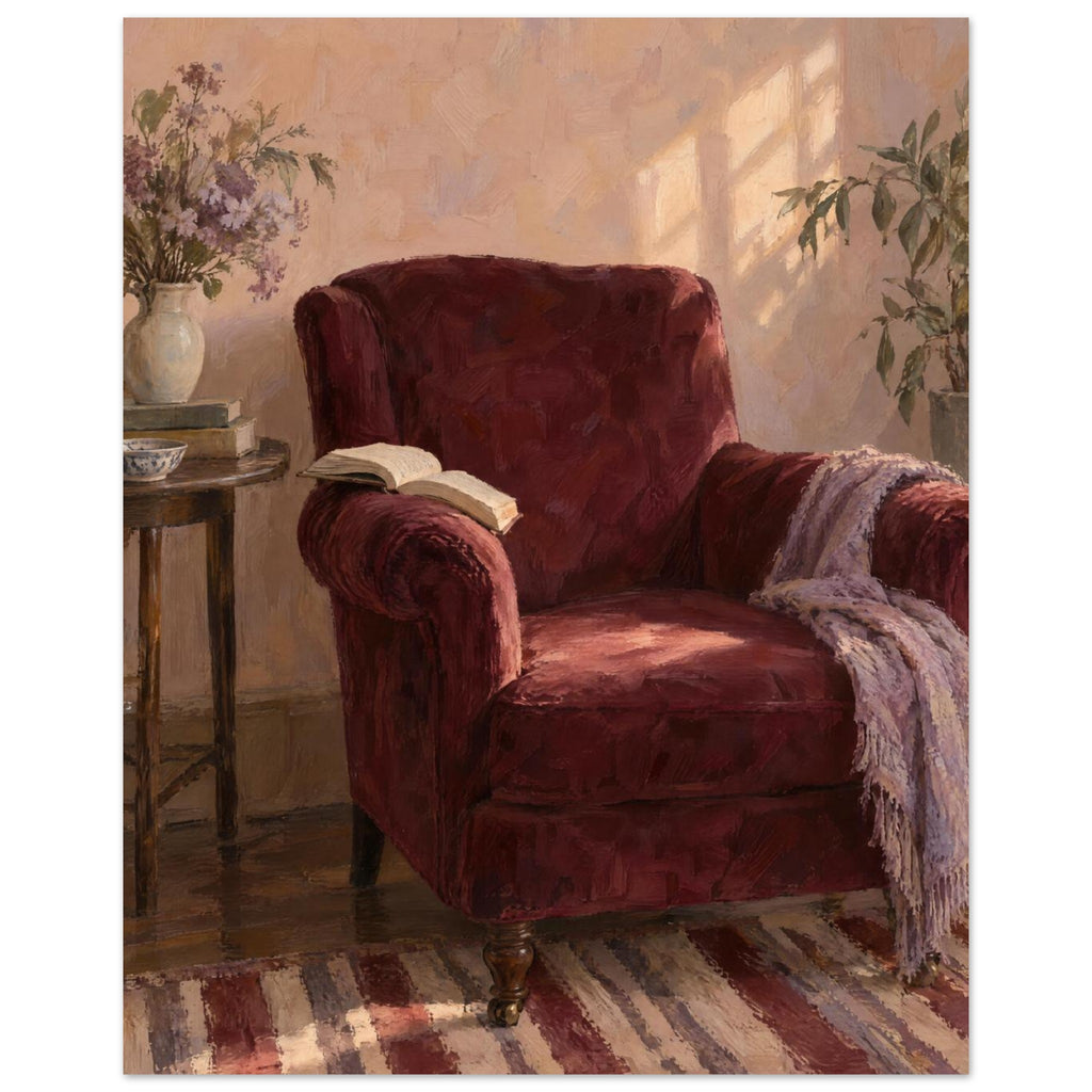 The Reading Chair painting showing a burgundy armchair with an open book, a cropped striped rug and afternoon light.
