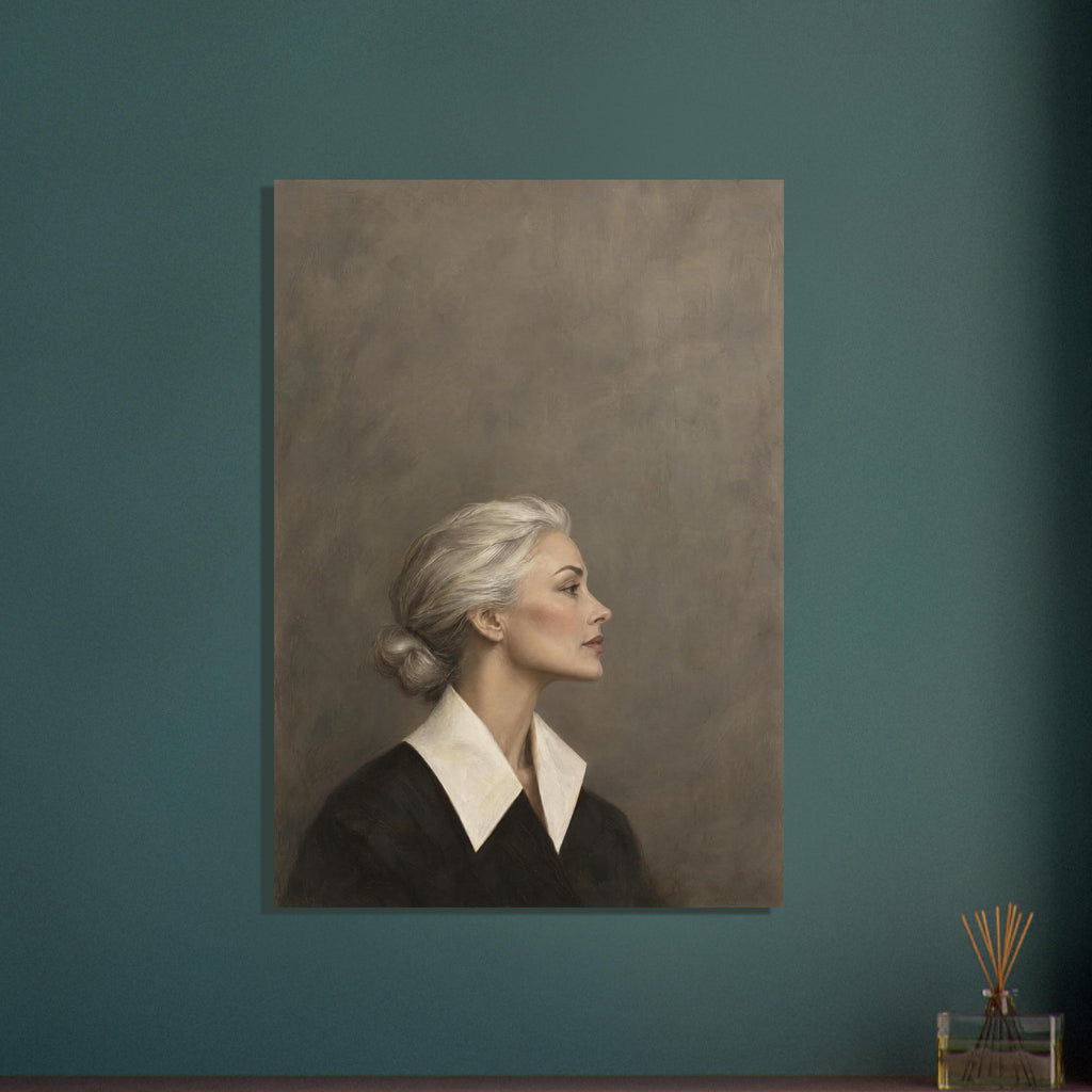Silver-haired woman in right-facing profile, wearing a dark outfit with an ivory collar against a textured taupe background.