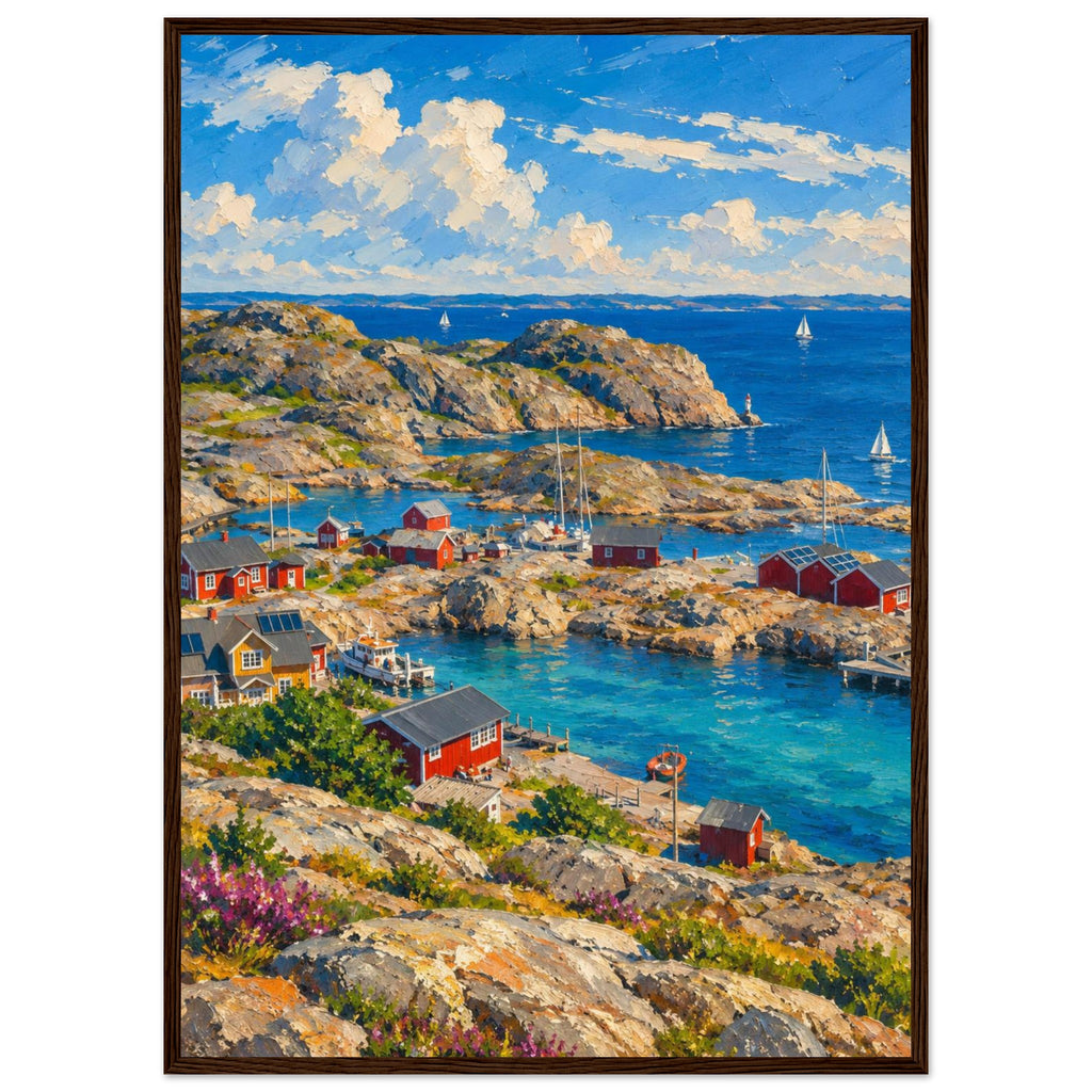 Rocky harbour with red cabins, wooden jetties and sailboats on blue water beneath cream clouds, with flowers in front.