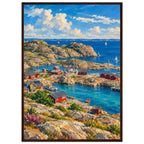 Rocky harbour with red cabins, wooden jetties and sailboats on blue water beneath cream clouds, with flowers in front.