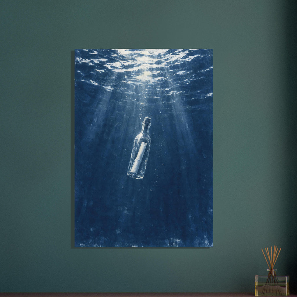 Corked glass bottle containing rolled paper beneath a rippling blue water surface, with light rays and bubbles.