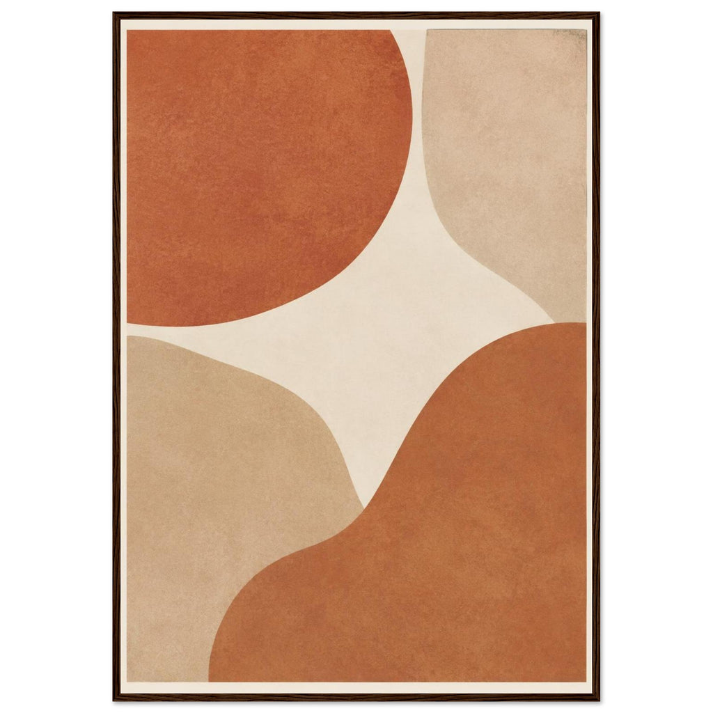 Abstract burnt orange and beige curved shapes on a cream background, with mottled texture and a narrow cream border.