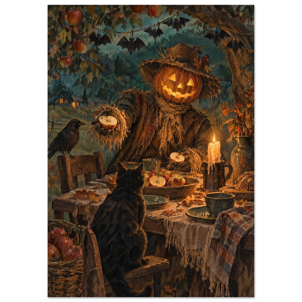 Pumpkin-headed scarecrow offering an apple at a candlelit table, with a black cat, dark bird and hanging bat decorations.