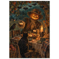 Pumpkin-headed scarecrow offering an apple at a candlelit table, with a black cat, dark bird and hanging bat decorations.