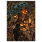 Pumpkin-headed scarecrow offering an apple at a candlelit table, with a black cat, dark bird and hanging bat decorations.