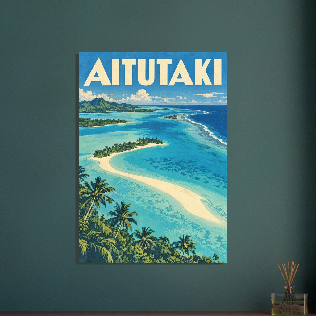Aitutaki lagoon with turquoise water, cream sandbanks, green palms and distant hills beneath large cream AITUTAKI lettering.