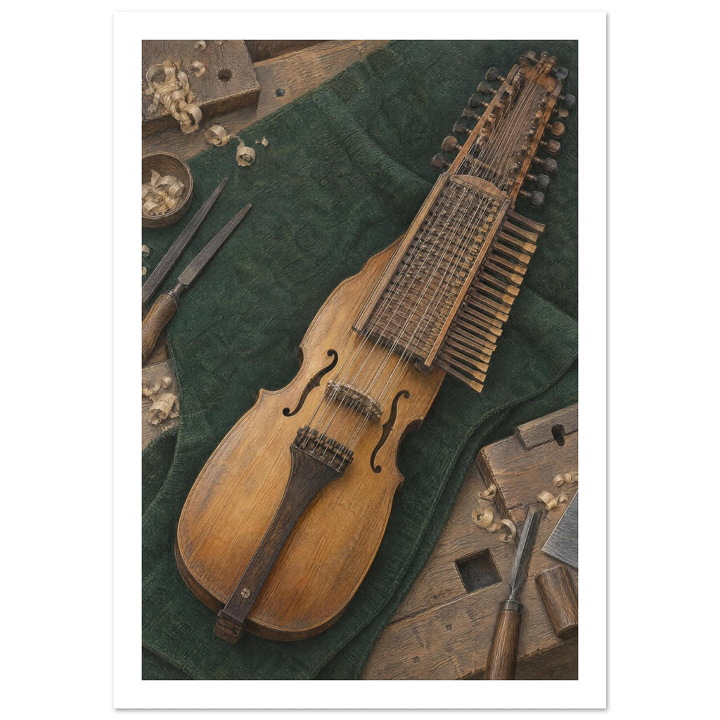 Wooden nyckelharpa on dark green cloth, surrounded by woodworking tools and curled wood shavings on a workbench.