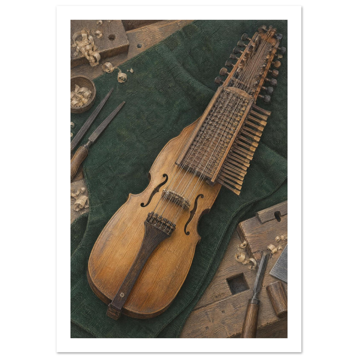 Wooden nyckelharpa on dark green cloth, surrounded by woodworking tools and curled wood shavings on a workbench.