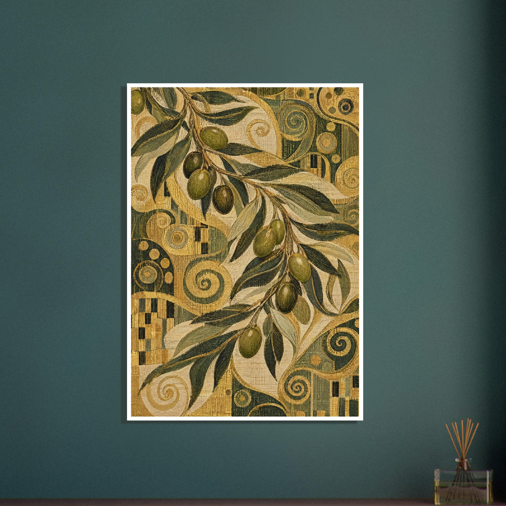 Olive-laden branch with long green leaves over a textured gold, cream and dark green pattern of spirals and circles.