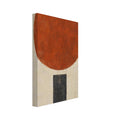 Large textured terracotta circle above a narrow charcoal rectangle on a distressed cream background.