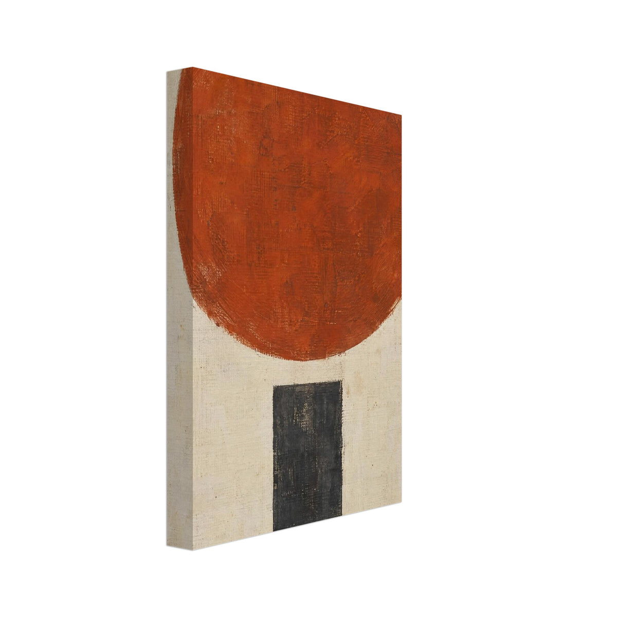 Large textured terracotta circle above a narrow charcoal rectangle on a distressed cream background.