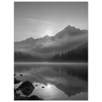 Mountain peaks and conifer forests reflected in a misty lake, with rocks in the foreground, in black and white.