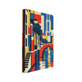 Geometric canal scene with a red arched bridge, blue water, cream tower, dark trees and yellow sun in a textured finish.