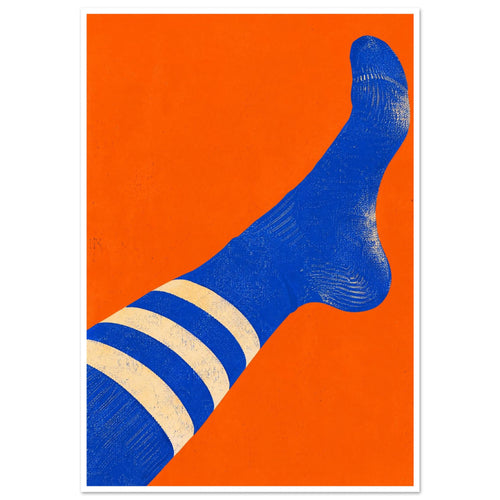 Blue sock with three cream stripes stretching diagonally across an orange background, with a distressed texture.